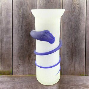 Art Glass Vase Light Green With Cobalt Blue Swirl Around It Vintage Glassware